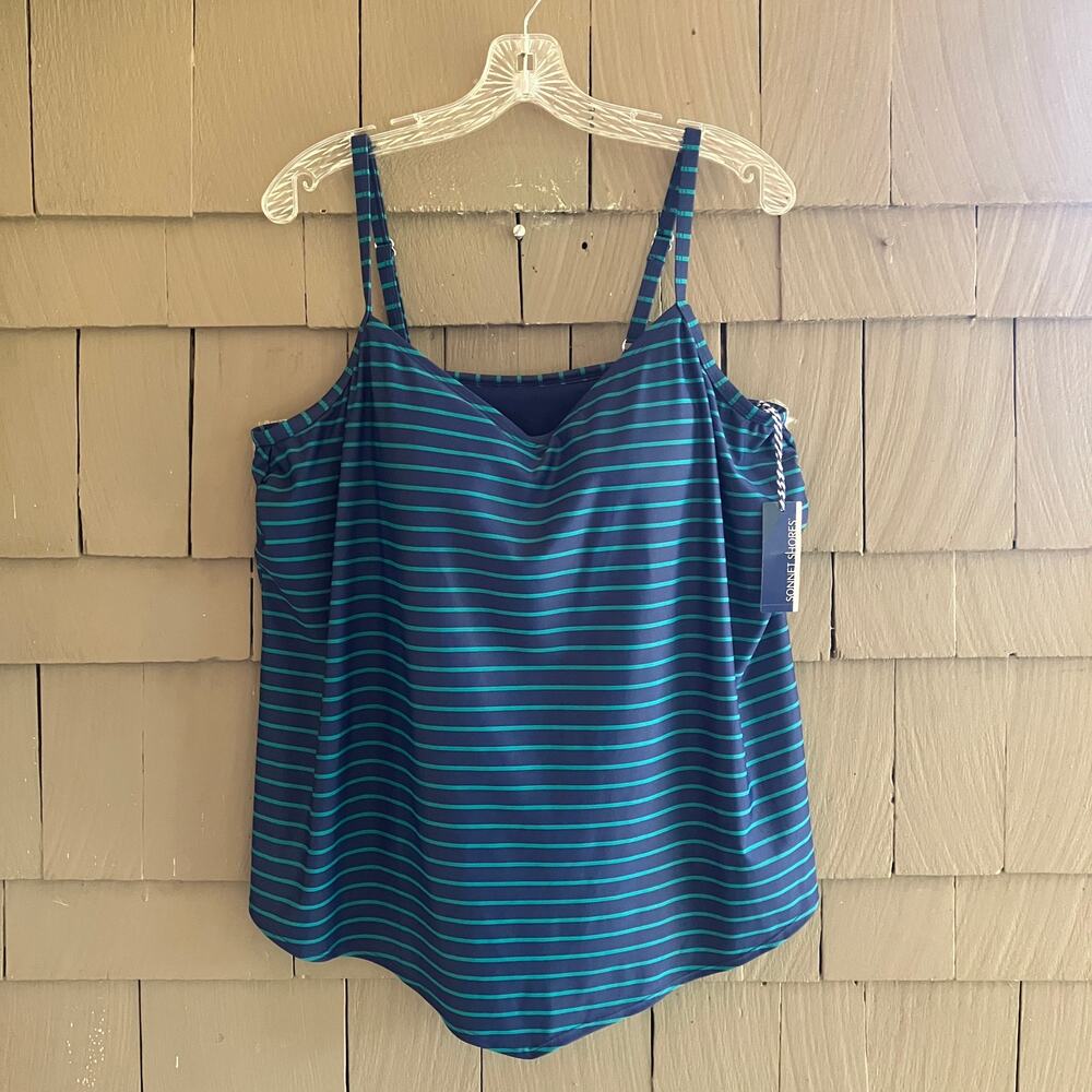 NWT Tankini Swim Top Striped Sonnet Shores Blue 20W Plus Size Built In Bra